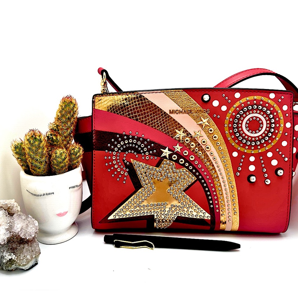 Michael Kors - Selma Crossbody Messenger Bag - Rare Bright Red & Gold Firework